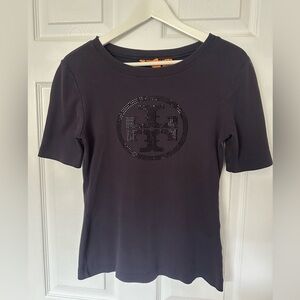 Tory Burch Navy Blue Sparkly Logo 100% Cotton Top Size Small